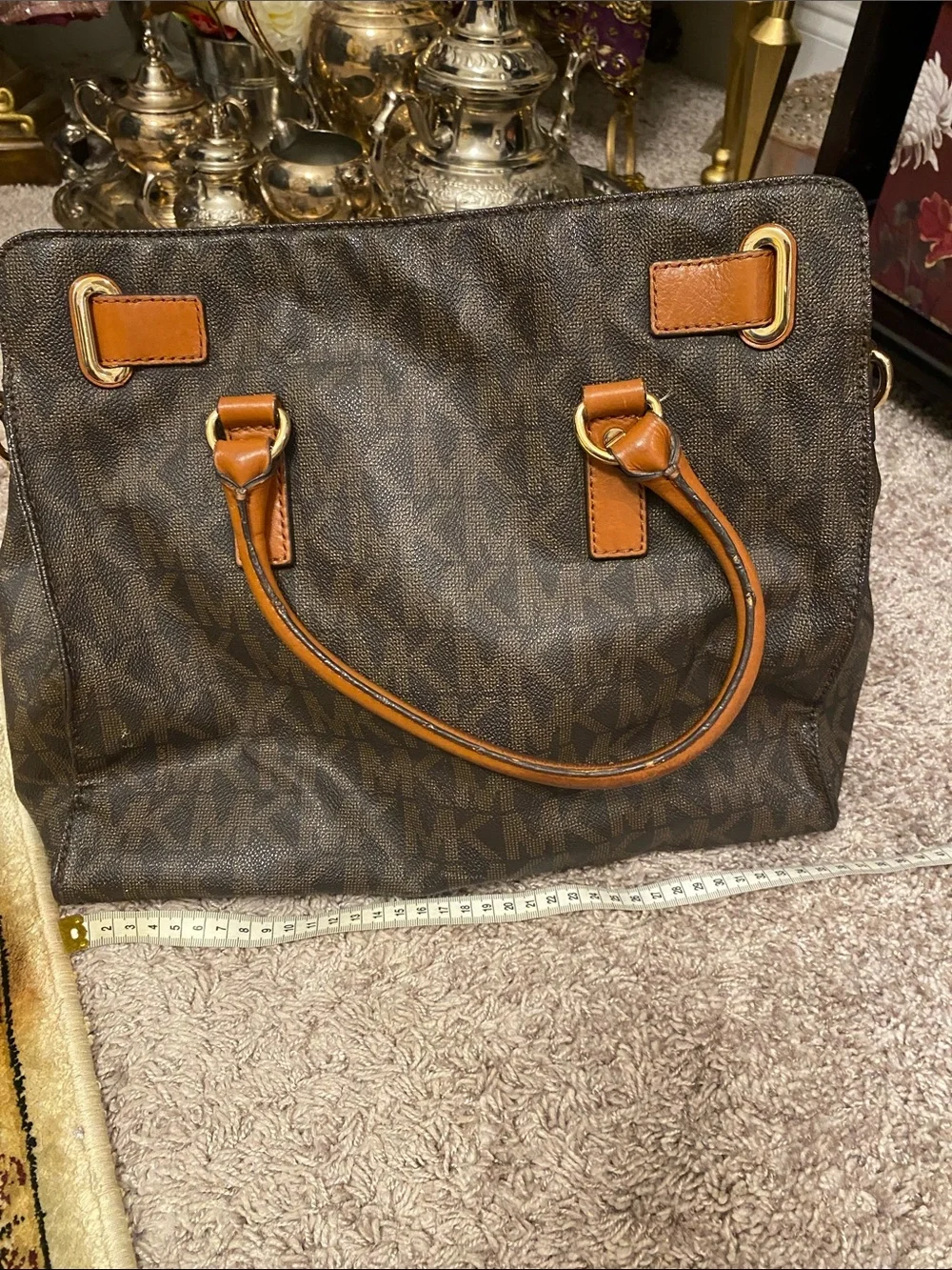Michael Kors Brown and Tan Monogram Tote with Gold Hardware large Hamilton